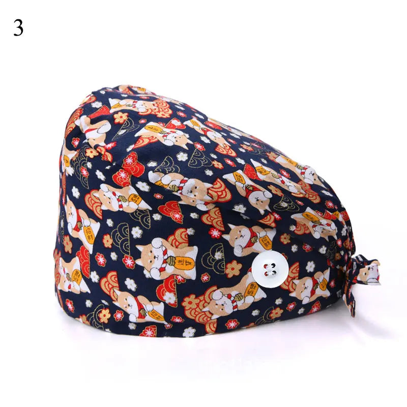 Floral Soft Hat Printing Nurse Sweat-absorbent Head Wrap Towel Surgical Anti-Dirty Pure Cotton Cap With Button Scrub Cap