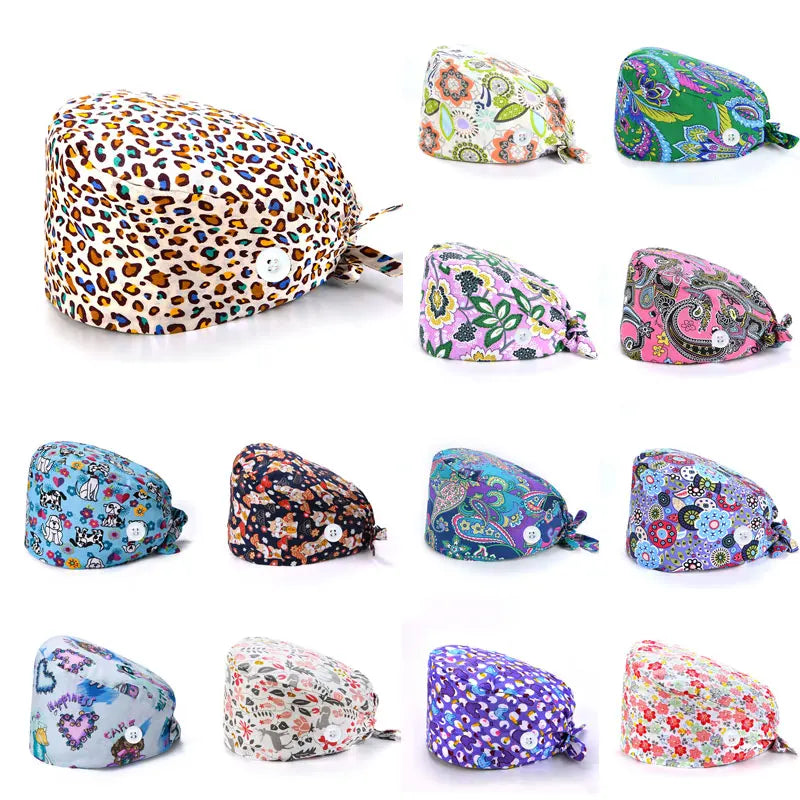 Floral Soft Hat Printing Nurse Sweat-absorbent Head Wrap Towel Surgical Anti-Dirty Pure Cotton Cap With Button Scrub Cap