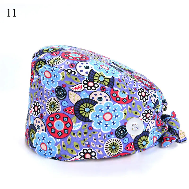 Floral Soft Hat Printing Nurse Sweat-absorbent Head Wrap Towel Surgical Anti-Dirty Pure Cotton Cap With Button Scrub Cap