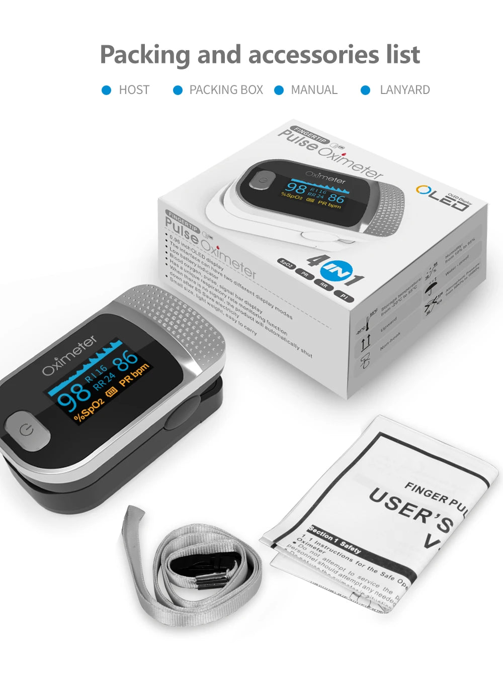 KIUZOU Finger Pulse Oximeter SPO2 PR PI RR Blood Oxygen Saturation Meter Heart Rate Monitor OLED Oximetro De Dedo
