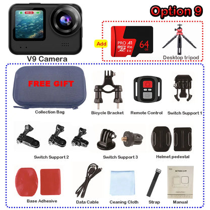 4K60FPS 20MP Action Camera 5M Body Waterproof EIS DVR 170D Sports Video Recording Dual Display 2" Touch Screen 1080P Webcam