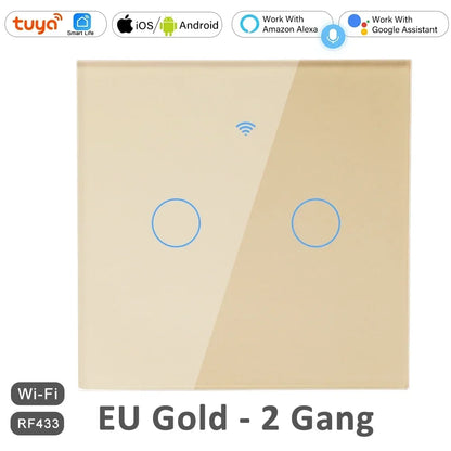 1 2 3 4 Gang 2 3 Way WiFi RF 433mhz Smart Wireless Touch Wall Light with Switch Button 220V with no Neutral EU Tuya Alexa Google