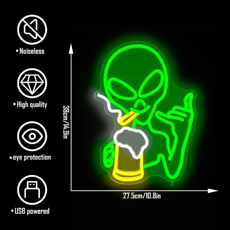 XM Green Alien Neon Light for Wall Decor Dimmable Man Cave Neon Sign LED Neon Sign Bedroom Hip Hop Party Game Room Beer Bar Gift