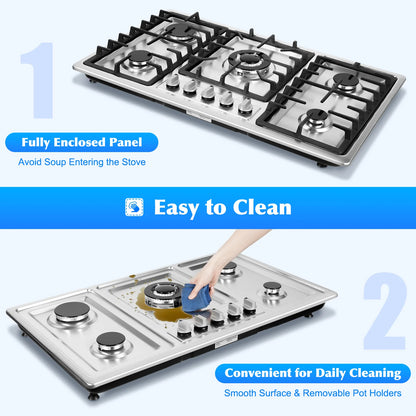 Built-in Gas Cooktop with 5 Burners Electronic Pulse Ignition Built-in Stainless Steel Gas Hob for Kitchen