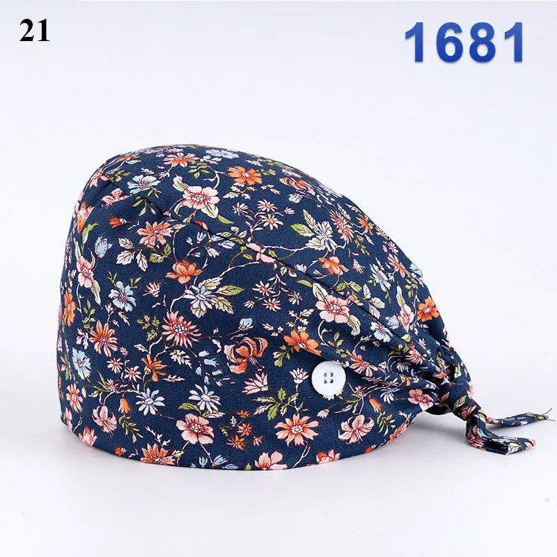 Floral Soft Hat Printing Nurse Sweat-absorbent Head Wrap Towel Surgical Anti-Dirty Pure Cotton Cap With Button Scrub Cap