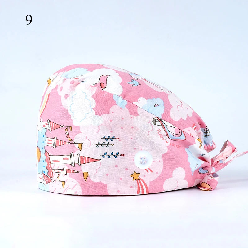 Floral Soft Hat Printing Nurse Sweat-absorbent Head Wrap Towel Surgical Anti-Dirty Pure Cotton Cap With Button Scrub Cap