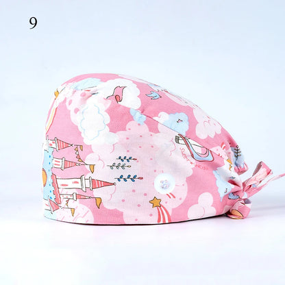Floral Soft Hat Printing Nurse Sweat-absorbent Head Wrap Towel Surgical Anti-Dirty Pure Cotton Cap With Button Scrub Cap