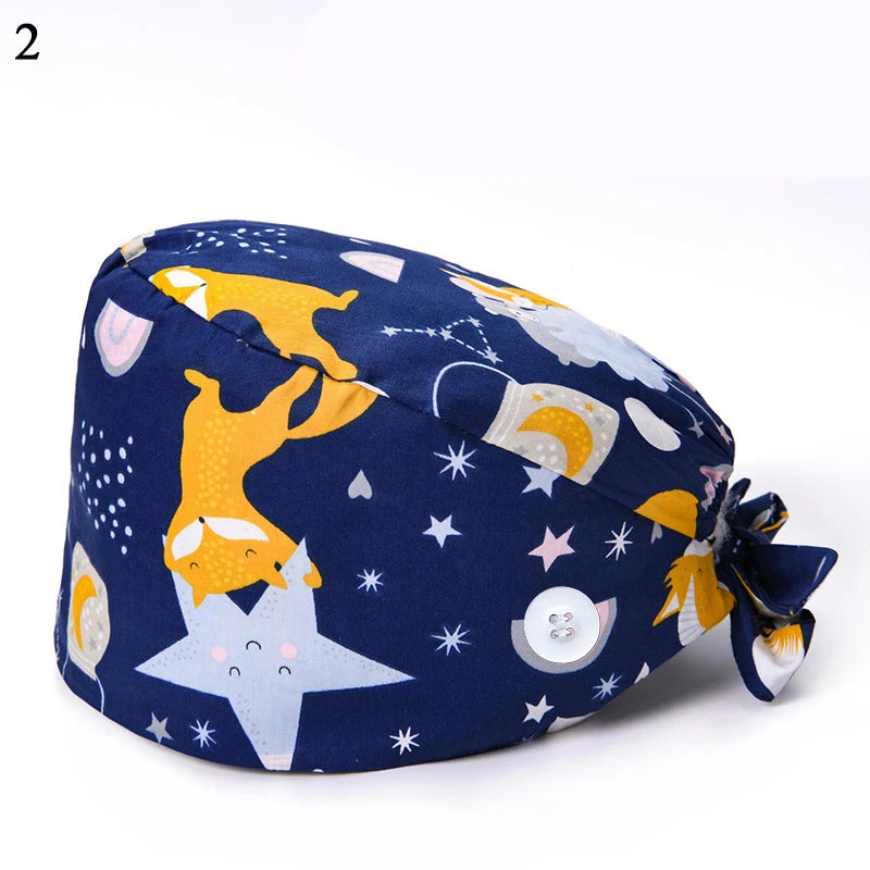 Floral Soft Hat Printing Nurse Sweat-absorbent Head Wrap Towel Surgical Anti-Dirty Pure Cotton Cap With Button Scrub Cap