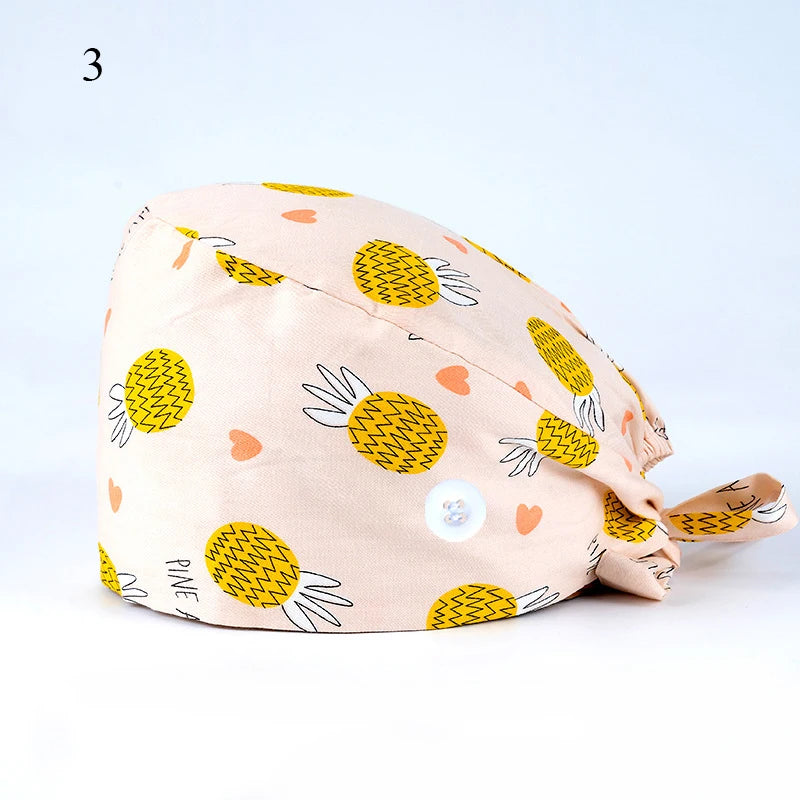 Floral Soft Hat Printing Nurse Sweat-absorbent Head Wrap Towel Surgical Anti-Dirty Pure Cotton Cap With Button Scrub Cap