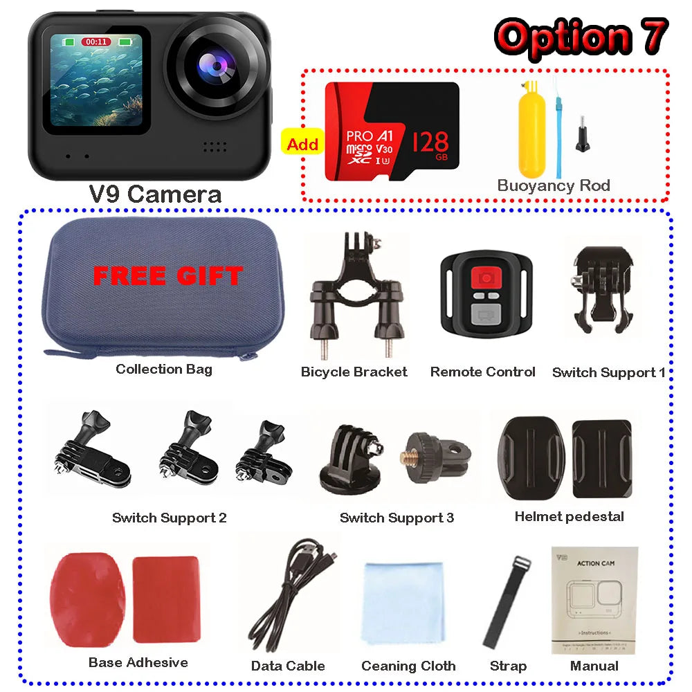 4K60FPS 20MP Action Camera 5M Body Waterproof EIS DVR 170D Sports Video Recording Dual Display 2" Touch Screen 1080P Webcam