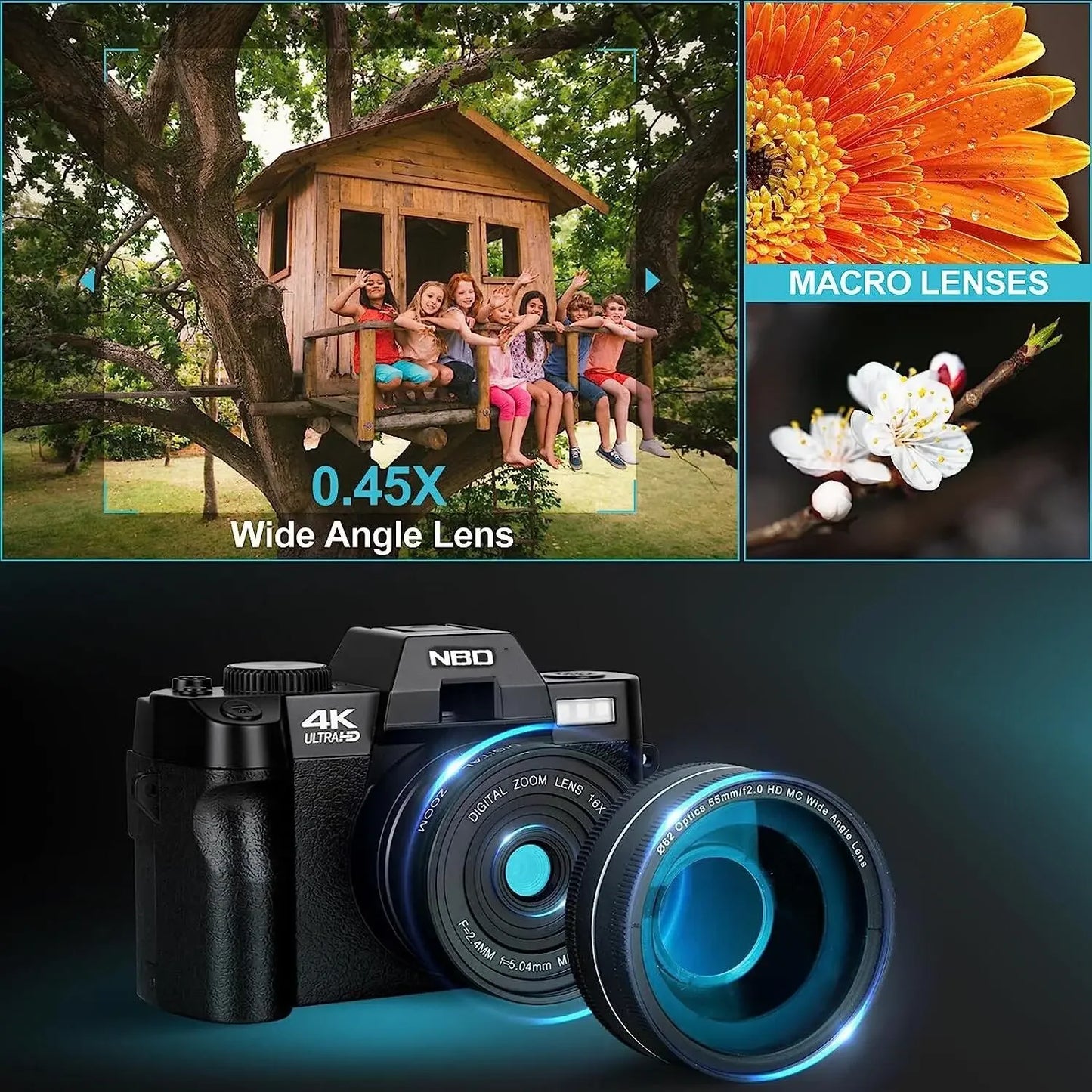 NBD Panoramic NBD 4K Kids Digital Camera 16X Digital Zoom 48MP Compact Point Shoot Digital Camera