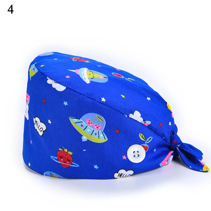 Floral Soft Hat Printing Nurse Sweat-absorbent Head Wrap Towel Surgical Anti-Dirty Pure Cotton Cap With Button Scrub Cap