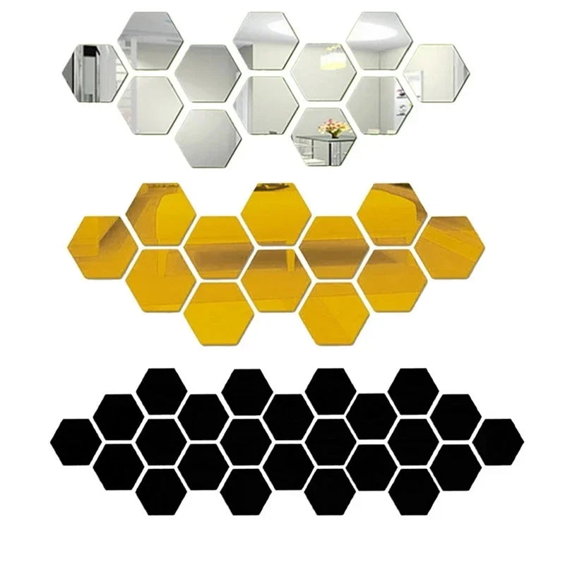 12Pcs 3D Mirror Wall Stickers Art Hexagonal Honeycomb acrylic Poster Wallpaper Living Room Bedroom Home Decoration Accessories