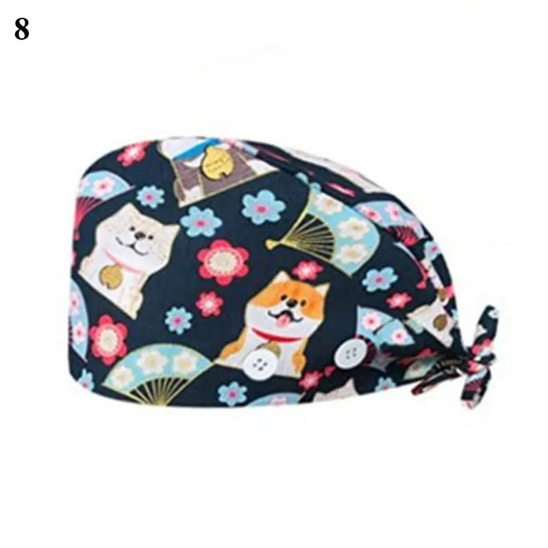 Floral Soft Hat Printing Nurse Sweat-absorbent Head Wrap Towel Surgical Anti-Dirty Pure Cotton Cap With Button Scrub Cap