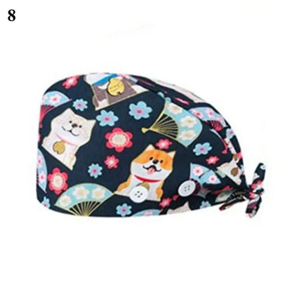 Floral Soft Hat Printing Nurse Sweat-absorbent Head Wrap Towel Surgical Anti-Dirty Pure Cotton Cap With Button Scrub Cap