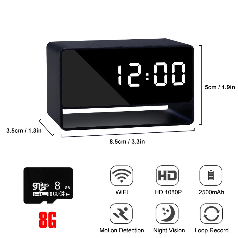 Alarm Clock Cam Full HD 1080P WiFi Wireless Remote Camera Night Vision Motion Detection Alert Surveillance Home Office Security