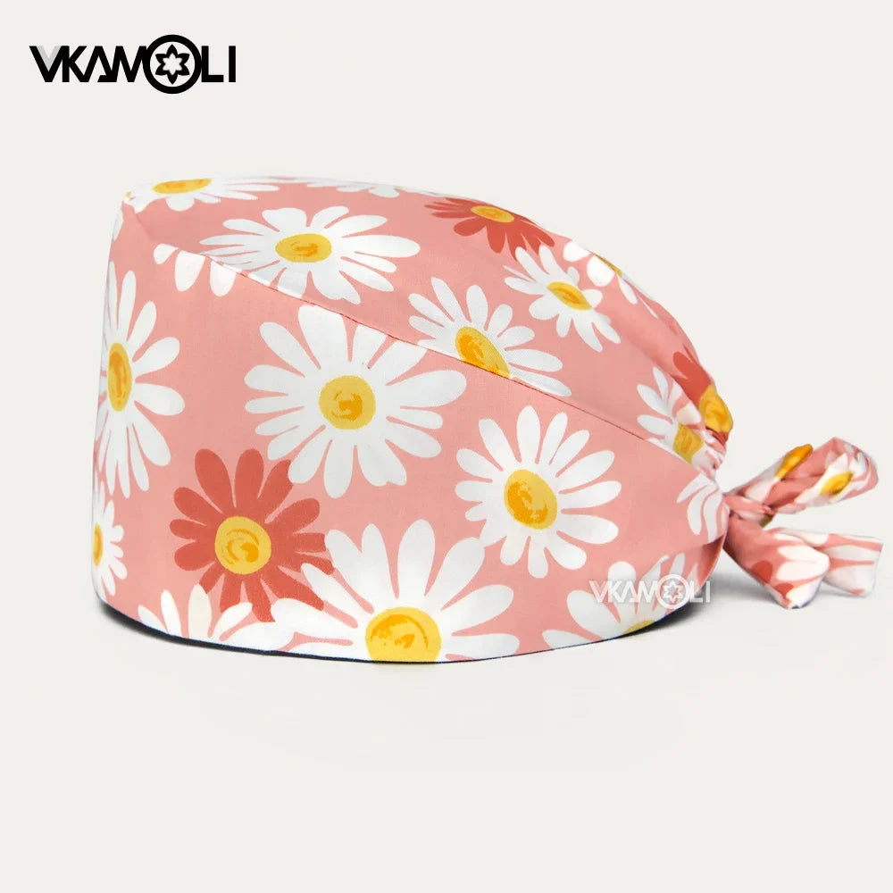 vkamoli Red series women Soft Hat Printing Nurse Sweat-absorbent Head Wrap Towel Surgical Anti-Dirty Pure Cotton Cap Scrub Cap