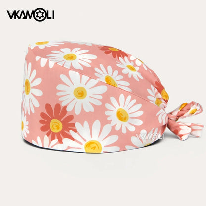 vkamoli Red series women Soft Hat Printing Nurse Sweat-absorbent Head Wrap Towel Surgical Anti-Dirty Pure Cotton Cap Scrub Cap