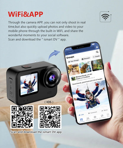 4K60FPS 20MP Action Camera 5M Body Waterproof EIS DVR 170D Sports Video Recording Dual Display 2" Touch Screen 1080P Webcam