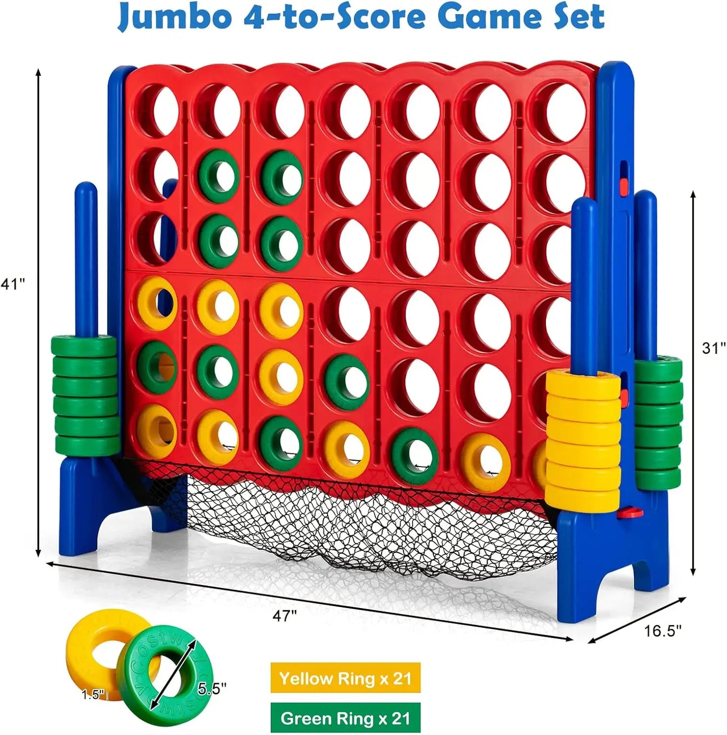 Giant 4-in-A-Row, Jumbo 4-to-Score Giant Games for Kids & Adults, Indoor Outdoor Party Family Connect Plastic Game, 4 Feet Wide