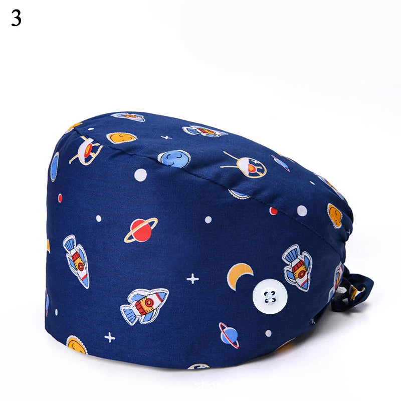 Floral Soft Hat Printing Nurse Sweat-absorbent Head Wrap Towel Surgical Anti-Dirty Pure Cotton Cap With Button Scrub Cap