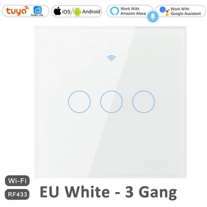 1 2 3 4 Gang 2 3 Way WiFi RF 433mhz Smart Wireless Touch Wall Light with Switch Button 220V with no Neutral EU Tuya Alexa Google
