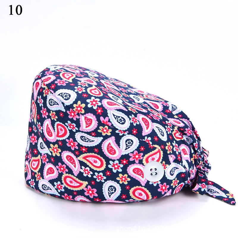 Floral Soft Hat Printing Nurse Sweat-absorbent Head Wrap Towel Surgical Anti-Dirty Pure Cotton Cap With Button Scrub Cap