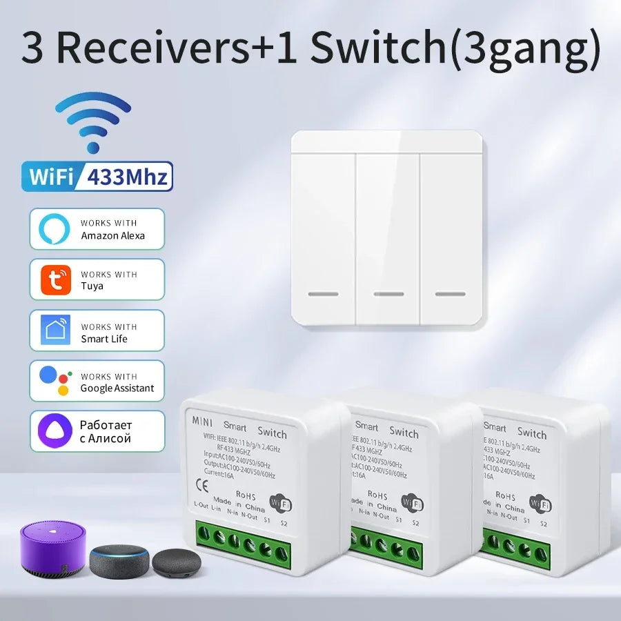16A Tuya WiFi Smart Switch Wireless RF 433MHz Mini Relay Receiver 1/2/3 Gang Wall Panel Switch Alexa Google Home Voice Control