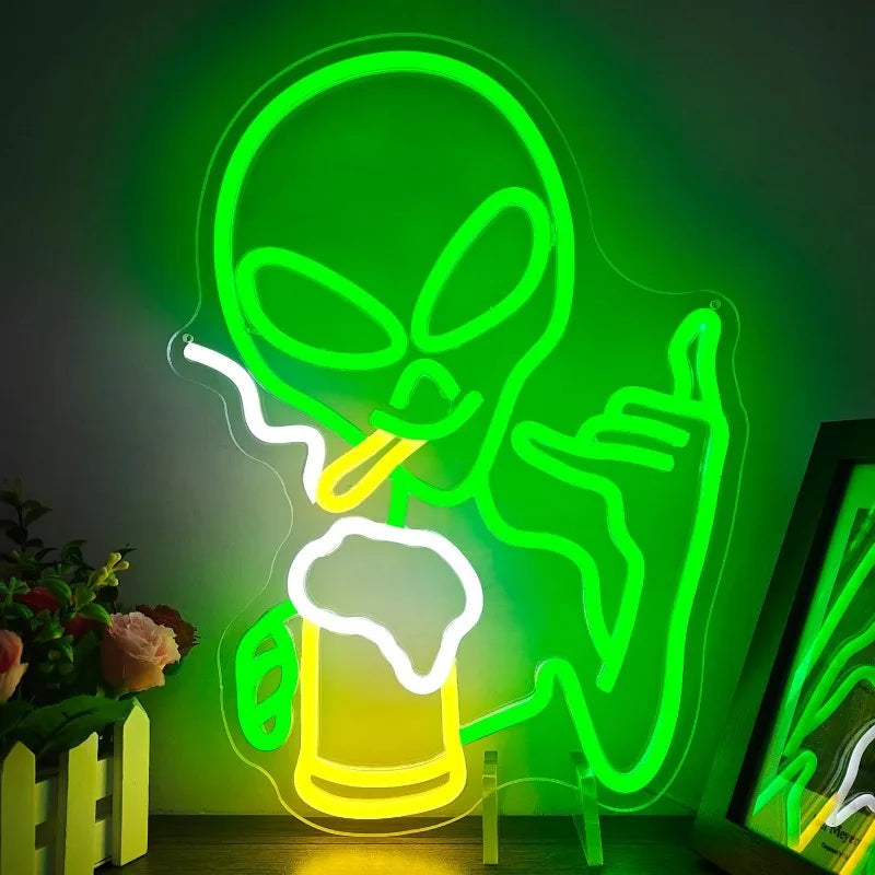 XM Green Alien Neon Light for Wall Decor Dimmable Man Cave Neon Sign LED Neon Sign Bedroom Hip Hop Party Game Room Beer Bar Gift
