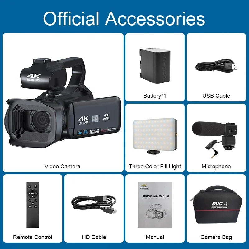 4K Professional Video Cameras for Photography 64MP Ultra HD 18X Digital Zoom Camcorders YouTube Live Streaming Vlog Recorder