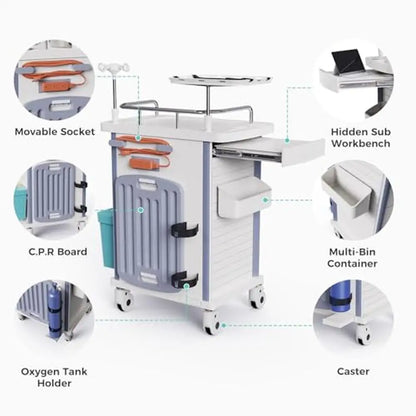 Medical Rolling Crash Cart with CPR Board IV Pole O2 Holder Trash Bin and Dividers Mobile Medical Cart with Wheels and Spacious