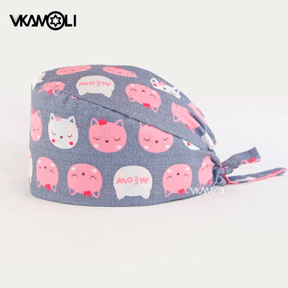 vkamoli Red series women Soft Hat Printing Nurse Sweat-absorbent Head Wrap Towel Surgical Anti-Dirty Pure Cotton Cap Scrub Cap