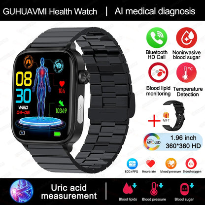 2024 New ECG+PPG Uric Acid Non-Invasive Blood Glucose Smartwatch Men Bluetooth Call Heart Rate Blood Pressure Smart Watch Women