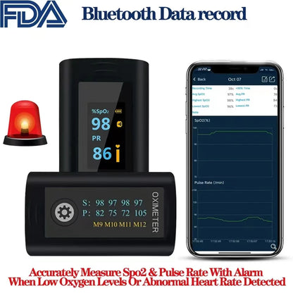 Bluetooth Finger Pulse Oximeter Sleep Monitoring Alarm Blood Oxygen Heart Rate Saturation Meter Internal Storage Log Data