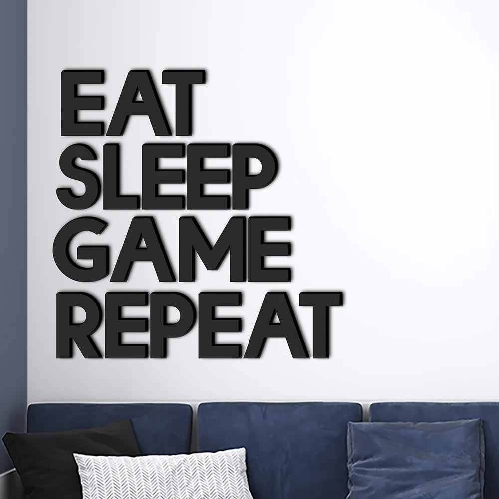 Nordic Modern Large Eat Sleep Game Repeat Word Gamer Games Bedroom Boys Wall Art Home Gaming Room Decoration Acrylic 3D Letters