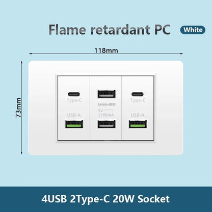 Korea Chile standard 20W Super Fast smart Charge Type C USB Port Power Wall Socket Plug,118*73mm Quick Charge electrical Outlet
