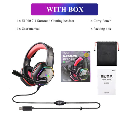 EKSA E1000 RGB Gaming Wireless Headphone with Mic Over-Ear Headphones 7.1 Surround Sound Wired Headset For PC PS4/PS5