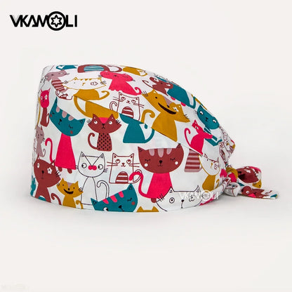 vkamoli Red series women Soft Hat Printing Nurse Sweat-absorbent Head Wrap Towel Surgical Anti-Dirty Pure Cotton Cap Scrub Cap