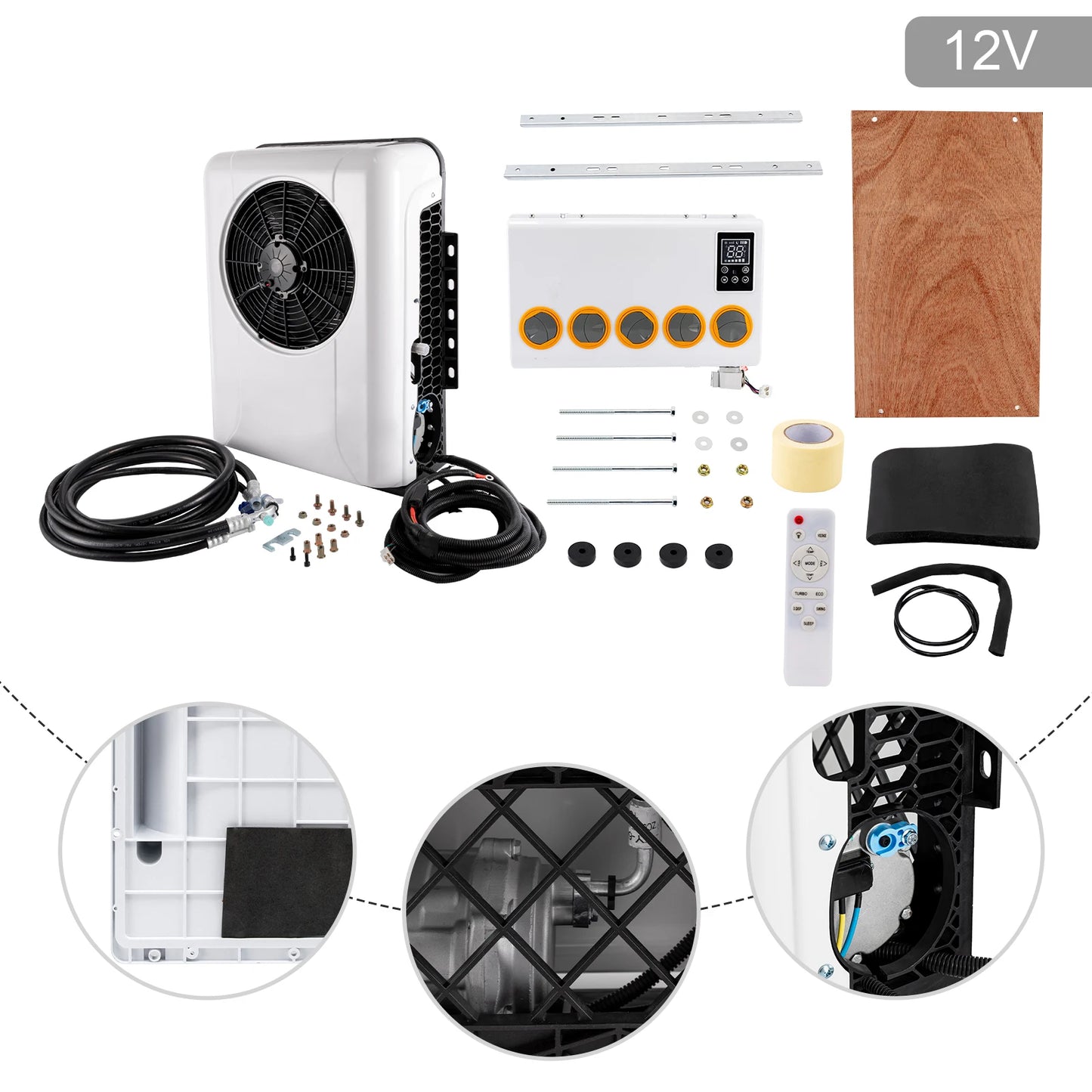 12V 960W Outside and Inside Truck Cab Air Conditioner Split White Air Conditioner Kit and Remote Control for Cab Within 6㎡