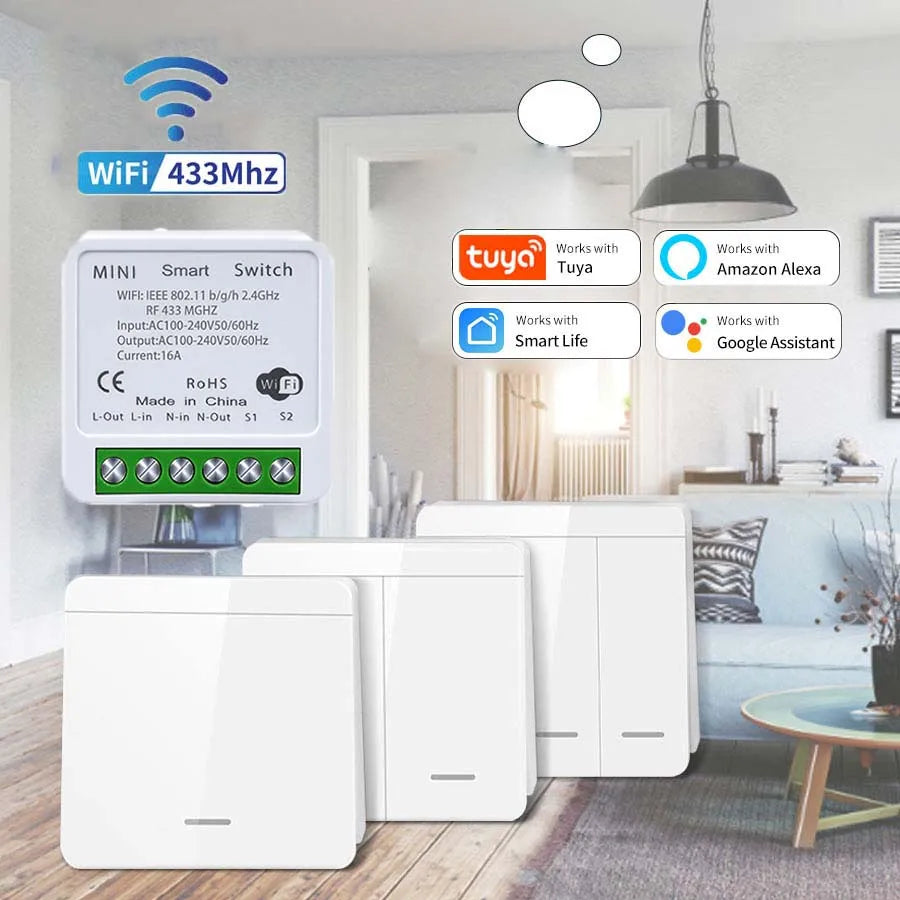 16A Tuya WiFi Smart Switch Wireless RF 433MHz Mini Relay Receiver 1/2/3 Gang Wall Panel Switch Alexa Google Home Voice Control