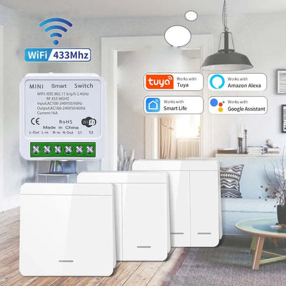 16A Tuya WiFi Smart Switch Wireless RF 433MHz Mini Relay Receiver 1/2/3 Gang Wall Panel Switch Alexa Google Home Voice Control