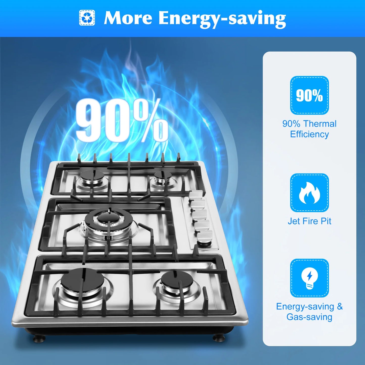 Built-in Gas Cooktop with 5 Burners Electronic Pulse Ignition Built-in Stainless Steel Gas Hob for Kitchen