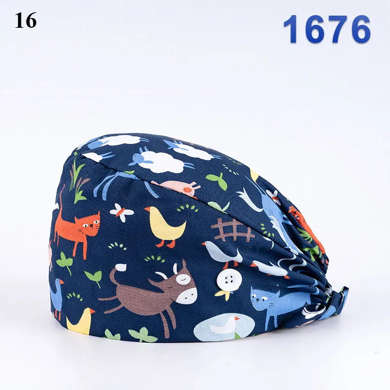 Floral Soft Hat Printing Nurse Sweat-absorbent Head Wrap Towel Surgical Anti-Dirty Pure Cotton Cap With Button Scrub Cap