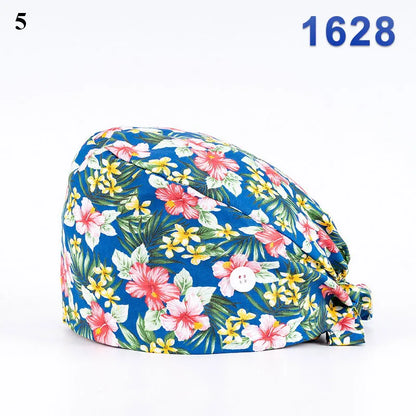 Floral Soft Hat Printing Nurse Sweat-absorbent Head Wrap Towel Surgical Anti-Dirty Pure Cotton Cap With Button Scrub Cap