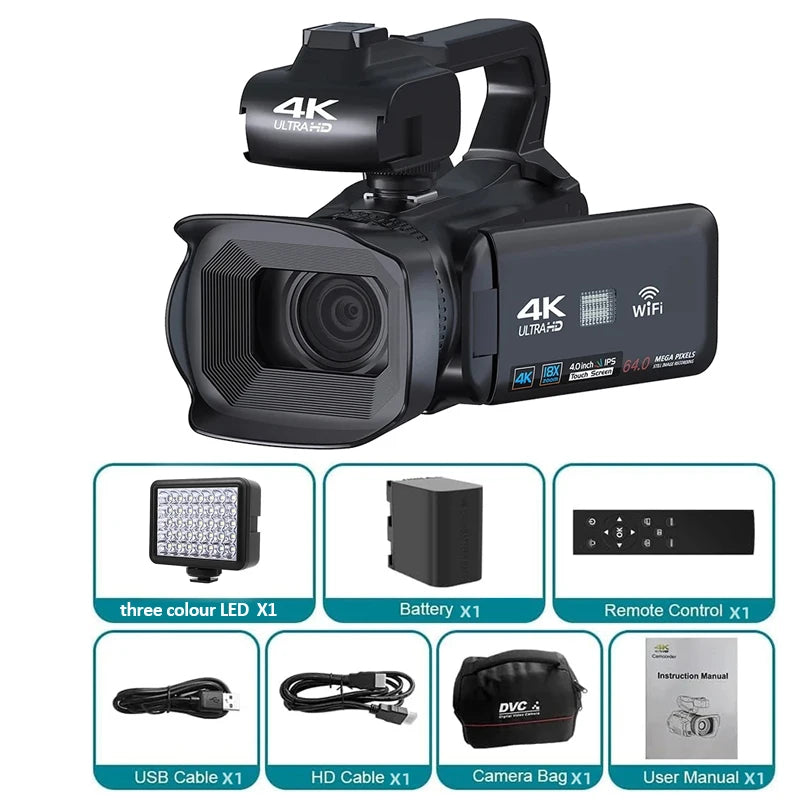 4K 60FPS Camcorder Professional Digital Video Camera 4K HD YouTube Streaming Camera 64MP 18X Zoom 4" Touch Screen Vlog Recorder