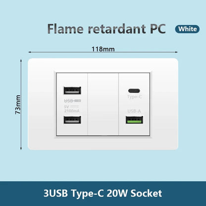 Korea Chile standard 20W Super Fast smart Charge Type C USB Port Power Wall Socket Plug,118*73mm Quick Charge electrical Outlet