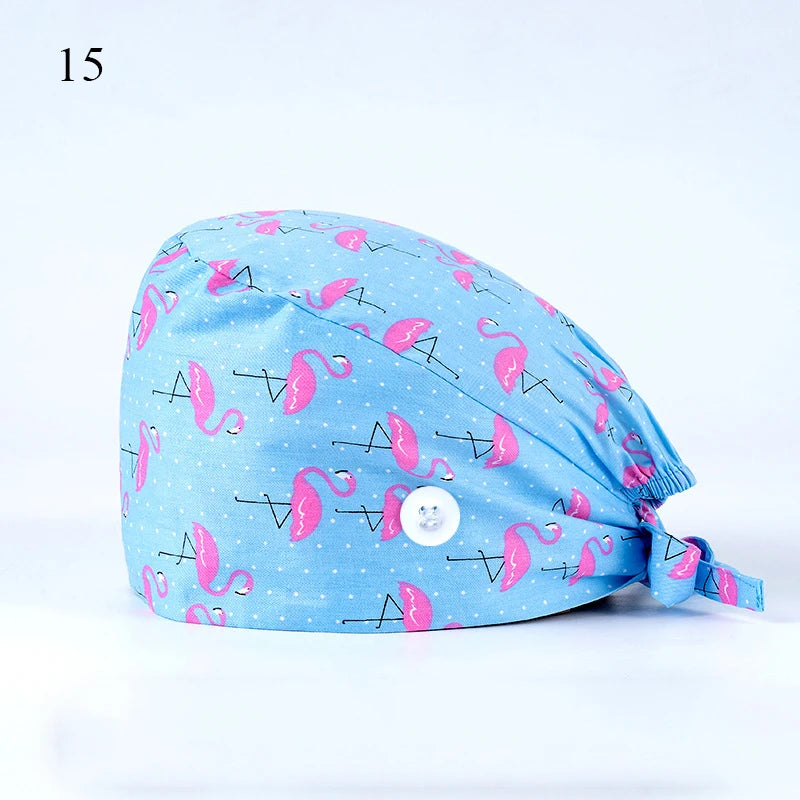 Floral Soft Hat Printing Nurse Sweat-absorbent Head Wrap Towel Surgical Anti-Dirty Pure Cotton Cap With Button Scrub Cap