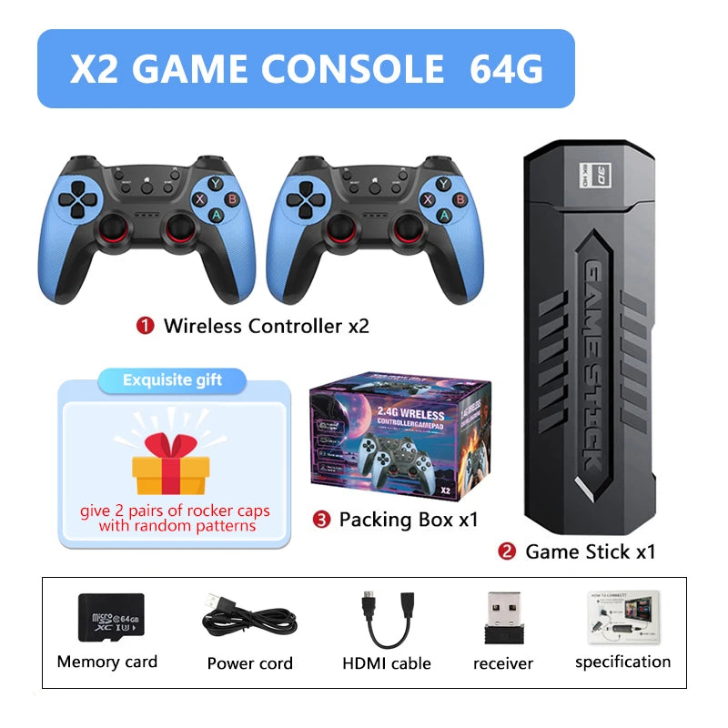 X2 4K HD Retro TV Game Console Ultra Low Latency TV Gamestick 2.4G Wireless Dual Gamepads Controller Home 3D X2 Ultra
