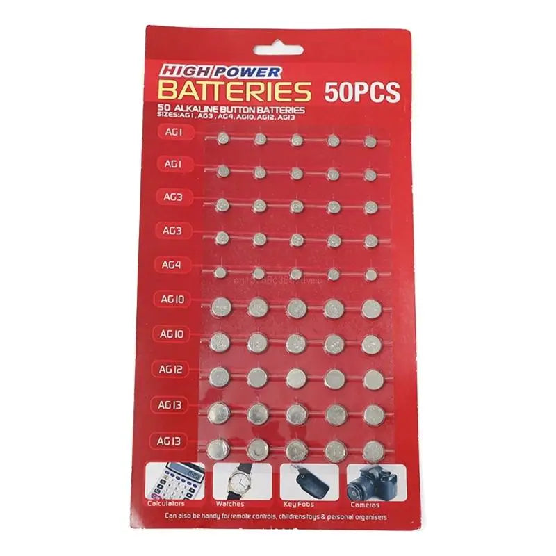 50Pcs AG1/AG3/AG4/AG10/AG12/AG13 Batteries Set for Watch Toy Clock Calculators Mixed Button Coin Cell Battery Set