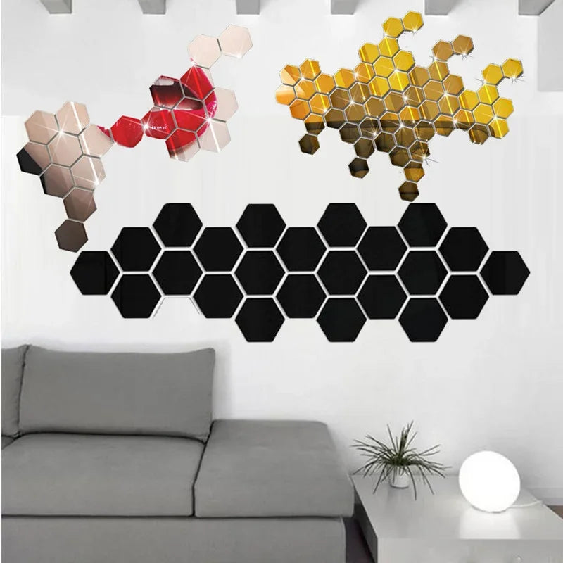 12Pcs 3D Mirror Wall Stickers Art Hexagonal Honeycomb acrylic Poster Wallpaper Living Room Bedroom Home Decoration Accessories